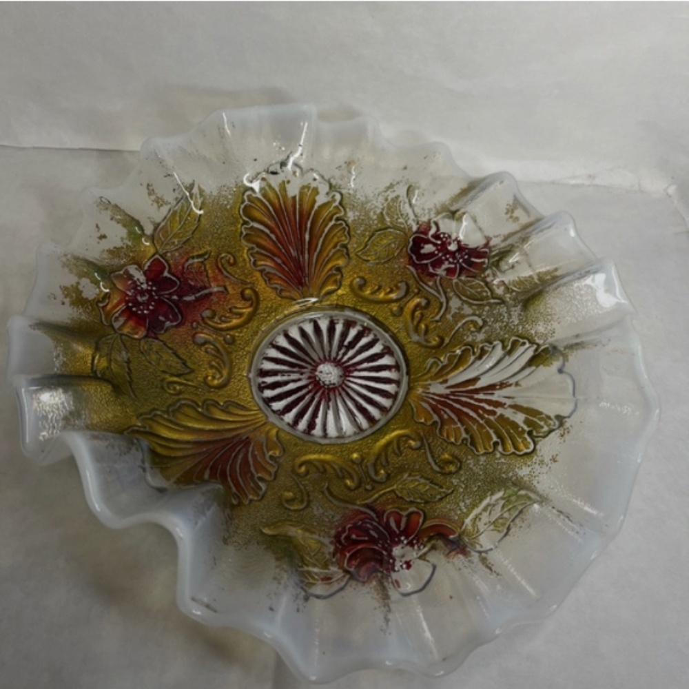 Antique Goofus Glass Bowl Opalescent Handkerchief Edgewhite Gold & Red 1910 RARE